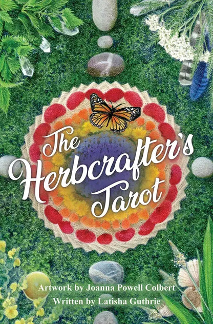 Book cover of 'The Herbcrafters Tarot' with a colorful tarot card design and nature elements.
