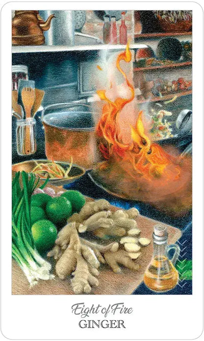 Card featuring a cooking scene with flames, ingredients, and a bottle of oil, labeled 'Eight of Fire Ginger'.