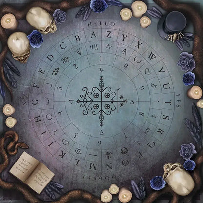 Decorative circular design with alphabets, symbols, and candles on a dark background