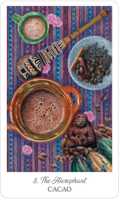 Card featuring a cup of cacao, coffee, and other items on a colorful striped background.