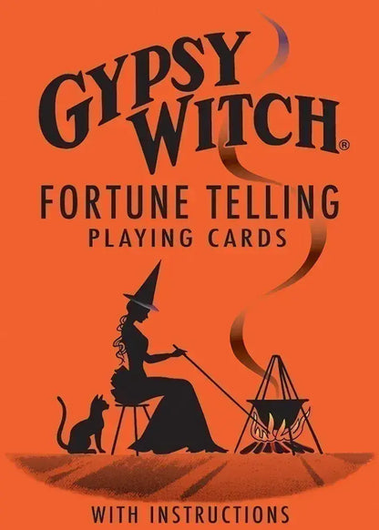 Gypsy Witch Fortune Telling Playing Cards packaging with a silhouette of a witch and cat on an orange background.
