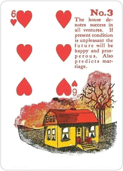 Card with a yellow house, red hearts, and text on a white background