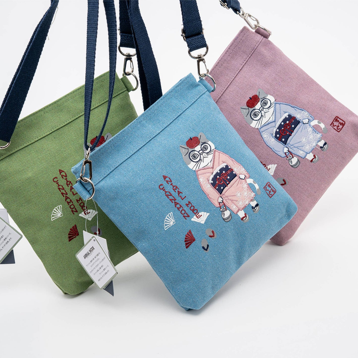 Kusuguru Japan Embroidered Kimono Cat Crossbody Bag: Pink