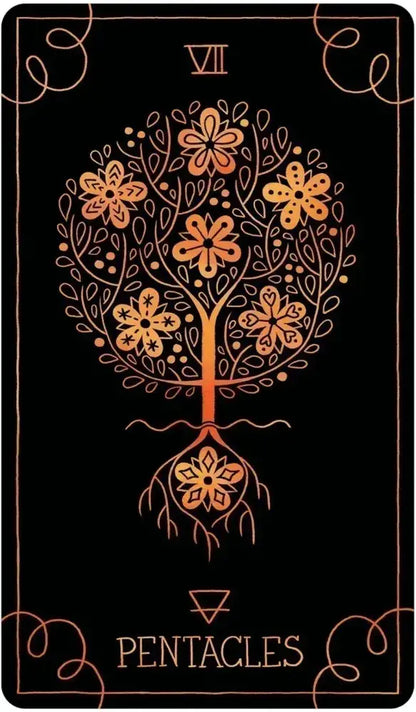 Tarot card with a stylized tree of life design on a black background