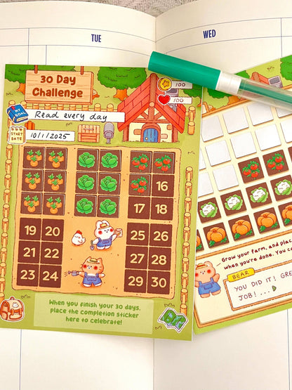 Farm Habit Tracker • 30 Day Monthly Goal Challenge with Stickers (4x5.25 in)