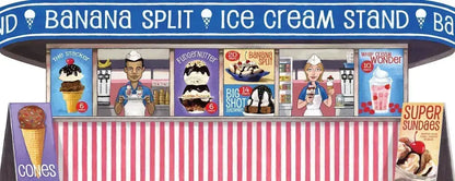 Illustration of an ice cream stand with various ice cream flavors displayed on posters