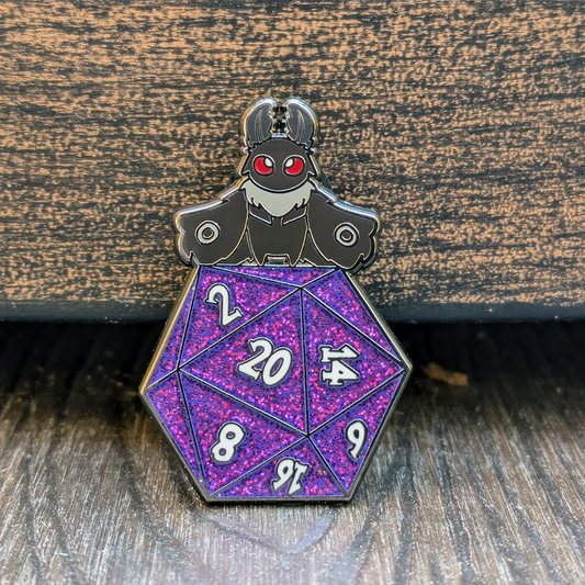 Mothman on Glitter D20 Hard Enamel Pin -1.5"