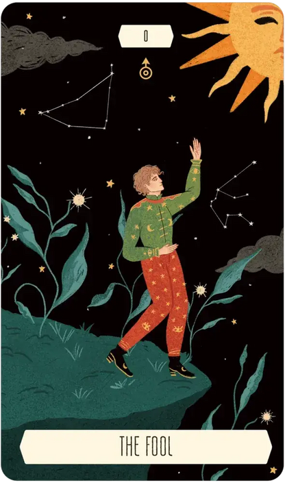 Illustration of a person reaching towards the stars with celestial elements on a tarot card design.
