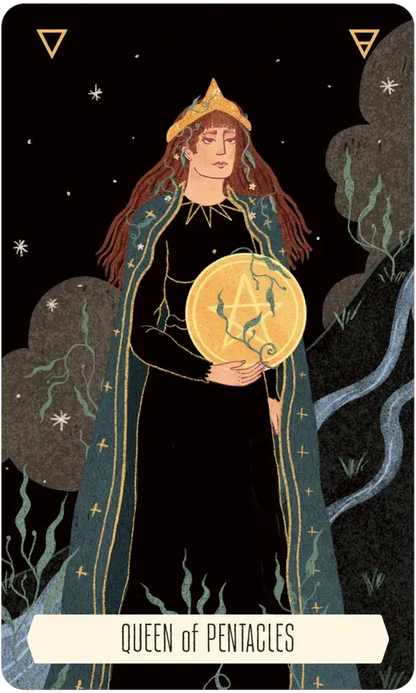Tarot card featuring a woman holding a pentacle symbol against a dark background with star-like shapes.