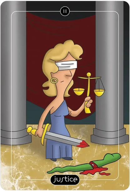 Tarot card featuring a blindfolded woman holding scales and a sword with 'justice' at the bottom