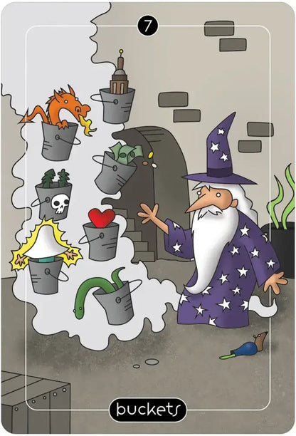 Card featuring a wizard and buckets with various items on a gray background