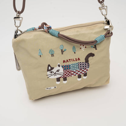 Kusuguru Japan Embroidered Cat Multi-Use Crossbody Bag: Gray