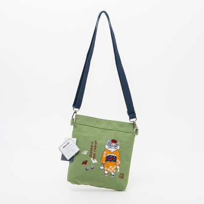 Kusuguru Japan Embroidered Kimono Cat Crossbody Bag: Blue