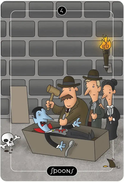 Cartoon scene with characters around a box containing a blue figure, with 'Spoons' branding