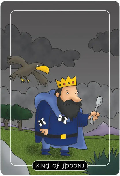 Card featuring a king holding a spoon with an eagle and dark clouds in the background