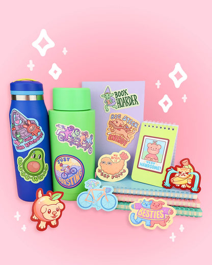 Colorful water bottles, notebooks, and stickers on a pink background