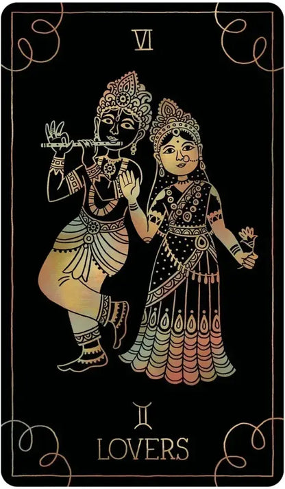 Tarot card featuring a stylized illustration of two figures, likely from Hindu mythology, with intricate designs on a black background