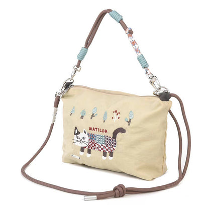 Kusuguru Japan Embroidered Cat Multi-Use Crossbody Bag: Gray