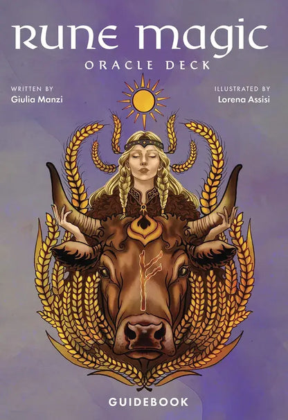 Cover of 'Rune Magic Oracle Deck' with illustration of a woman and bull on a purple background