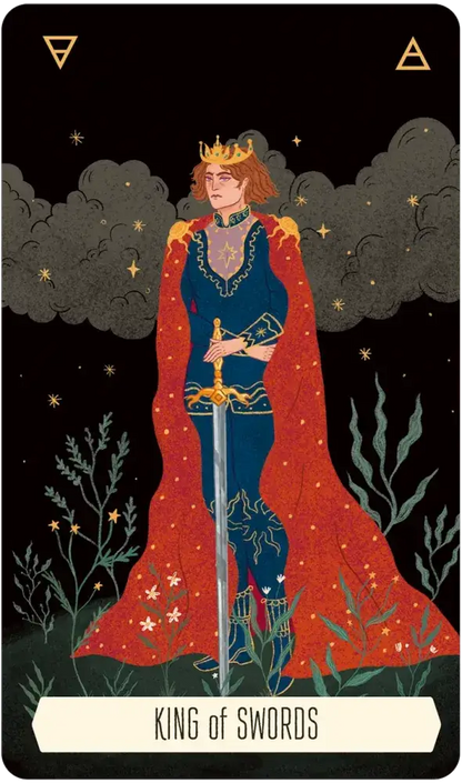 King of Swords tarot card with a king in a red robe holding a sword against a dark background with stars.