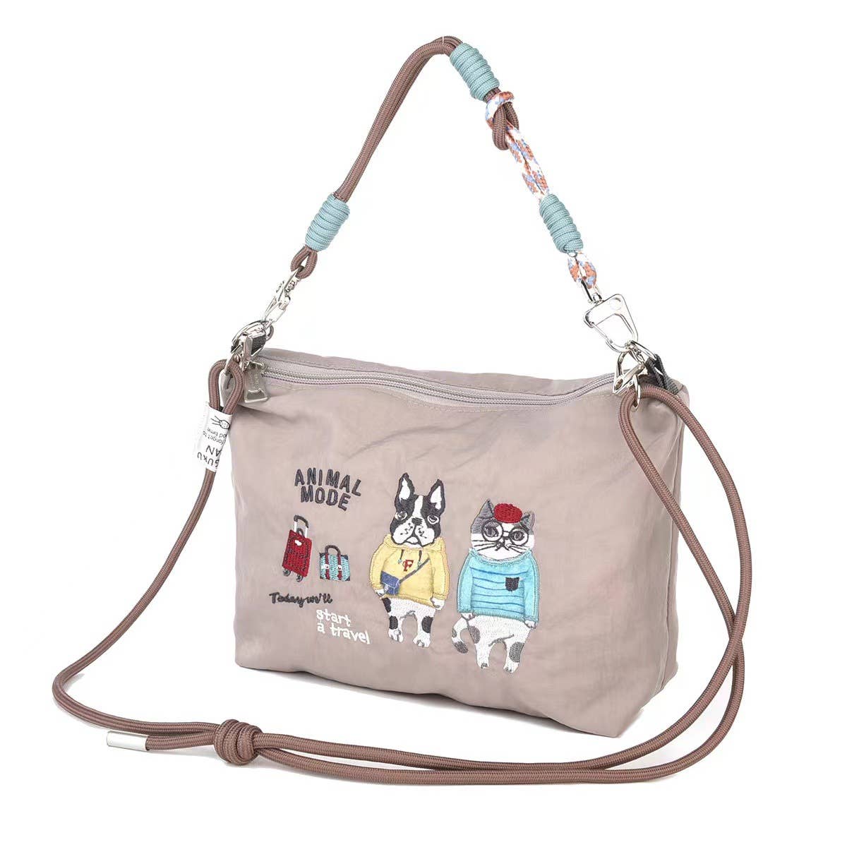 Kusuguru Japan Embroidered Cat Multi-Use Crossbody Bag: Gray