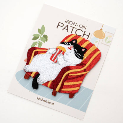 Relaxed Cat Iron On Patch - Chill Kitty Embroidered: Green Sofa Cat