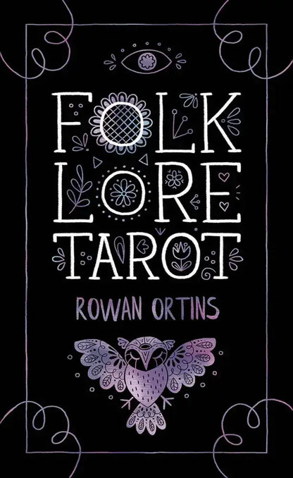 Book cover of 'Folklore Tarot' by Rowan Ortins with decorative elements on a black background