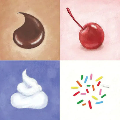 Four food items arranged in a grid: chocolate, cherry, whipped cream, and colorful sprinkles