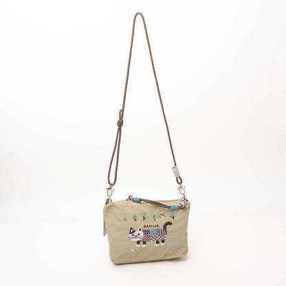 Kusuguru Japan Embroidered Cat Multi-Use Crossbody Bag: Gray