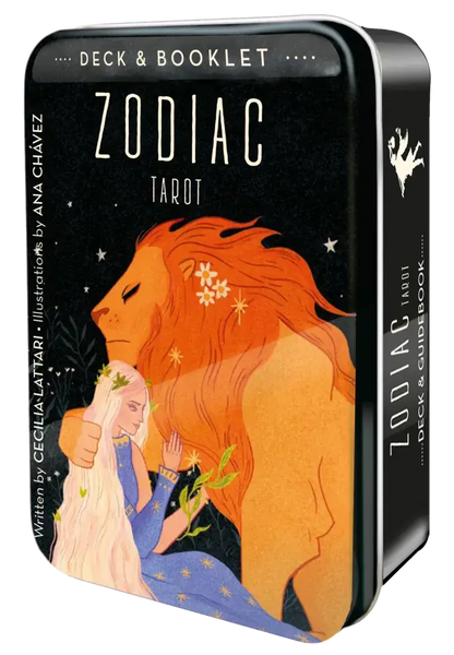 Zodiac Tarot deck and booklet packaging with illustration of a woman and a lion.