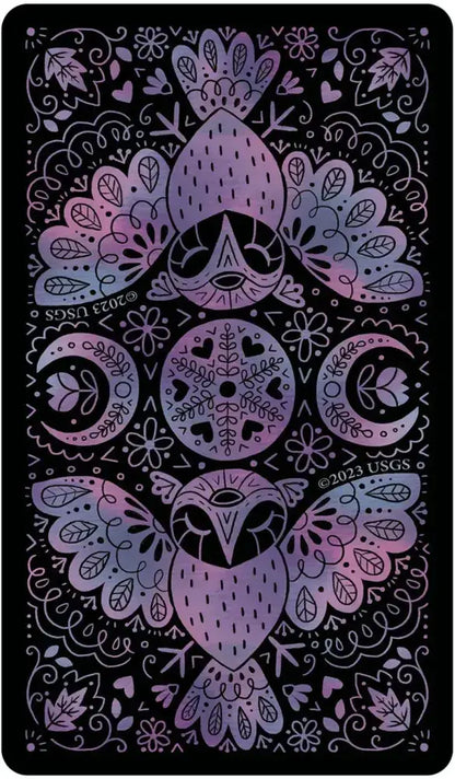 Decorative card with purple and pink owl designs on a black background