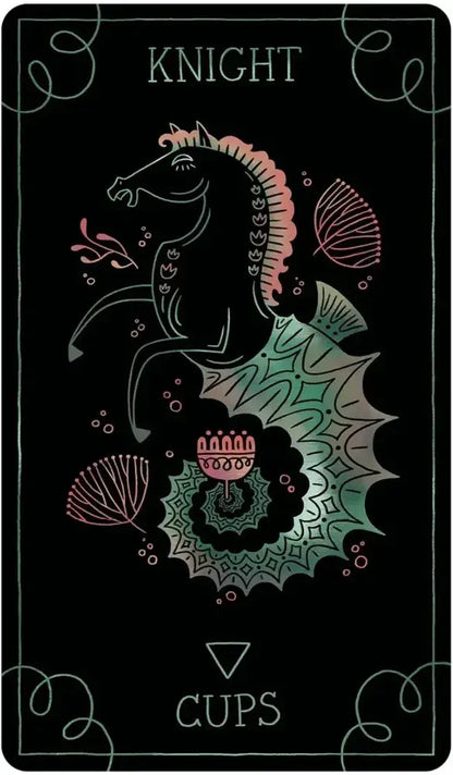 Card featuring a stylized dragon with floral elements on a dark background, labeled 'Knight of Cups'