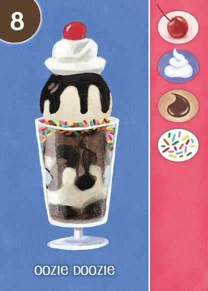 Illustration of a chocolate sundae with whipped cream and a cherry on top, featuring the brand 'Oozie Doozie'