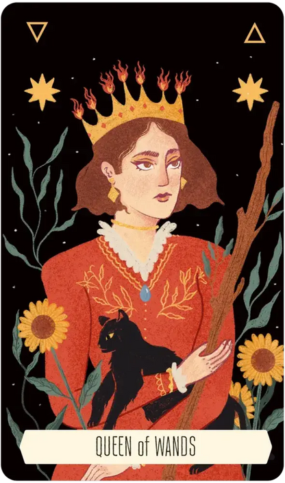Tarot card featuring the 'Queen of Wands' with a woman in a red outfit holding a black cat, surrounded by sunflowers and stars.